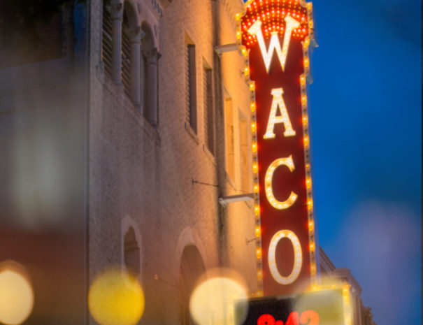 Waco Hippodrome Theater sign lit up at night