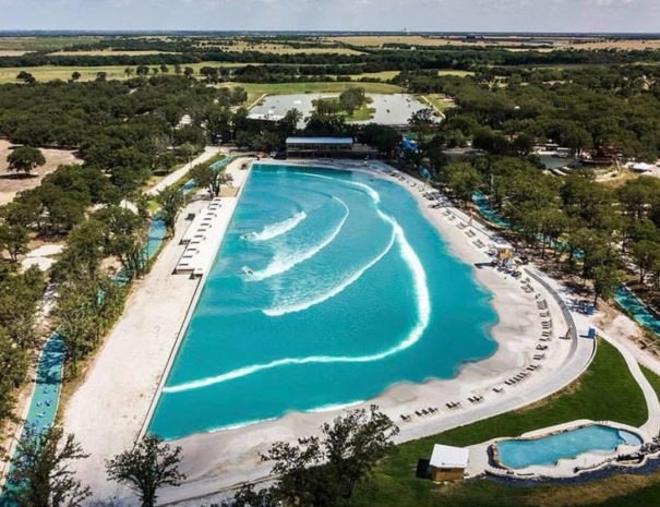 Aerial view of wave pool at surfing resort